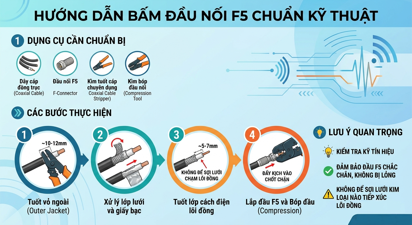 Hướng Dẫn Cách Bấm Đầu Nối F5 Chuẩn Kỹ Thuật, Chống Suy Hao Tín Hiệu