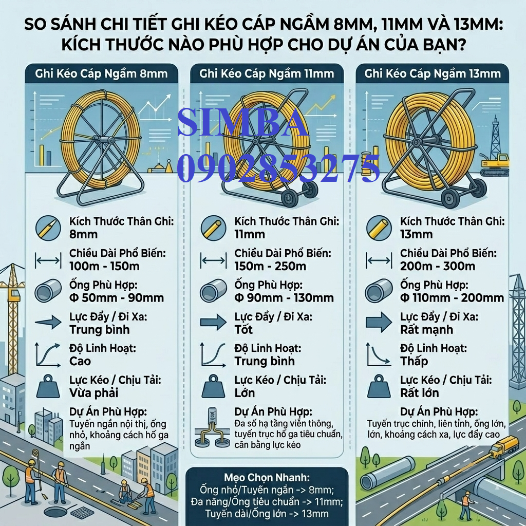 So Sánh Chi Tiết Ghi Kéo Cáp Ngầm 8mm, 11mm và 13mm: Kích Thước Nào Phù Hợp Cho Dự Án Của Bạn?